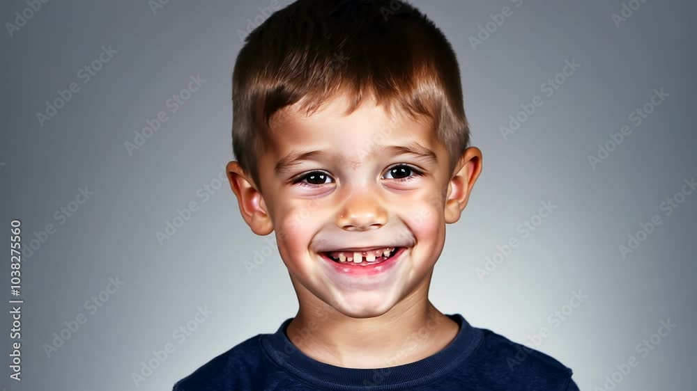 Close-up video of a young boy with a cheeky grin, expressing mischievous amusement against a neutral grey background, lit by studio key light.