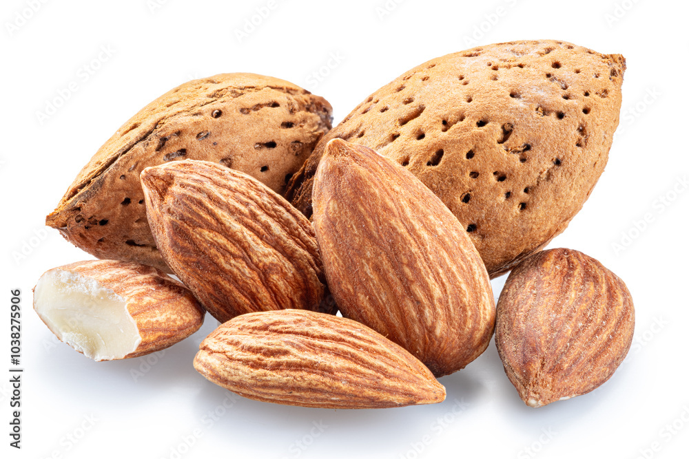 Almond nuts in shell and cracked almonds isolated on white background. File contains clipping path. Almond nuts in shell and cracked almonds isolated on white background. File contains clipping path.