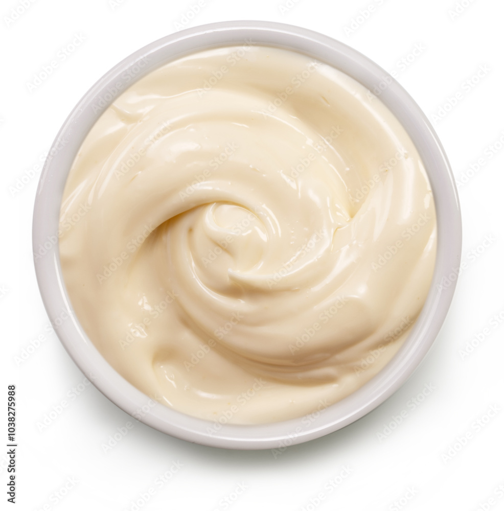 Homemade mayonnaise in white bowl on white background, top view. File contains clipping path. Homemade mayonnaise in white bowl on white background, top view. File contains clipping path.