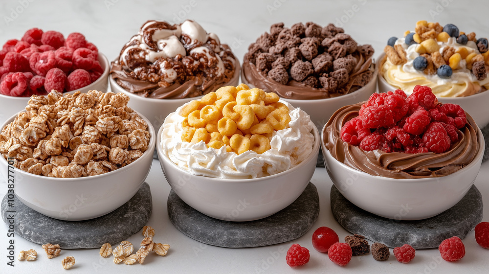 Cereal Box and Bowl on a Table with Five Tiramisu Desserts Cereal Box and Bowl on a Table with Five Tiramisu Desserts