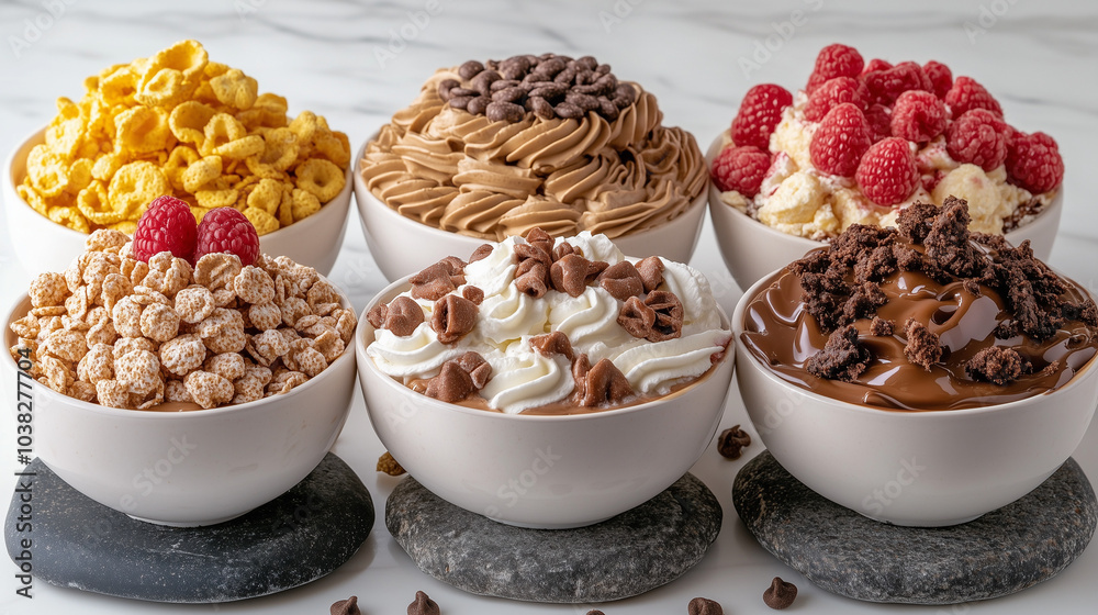 Cereal Box and Bowl on a Table with Five Tiramisu Desserts Cereal Box and Bowl on a Table with Five Tiramisu Desserts