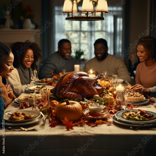 On Thanksgiving Day,A heartwarming family dinner scene with a delicious turkey as the centerpiece.  There are pumpkins adding a touch of autumn charm with a variety of delicious food.    photo