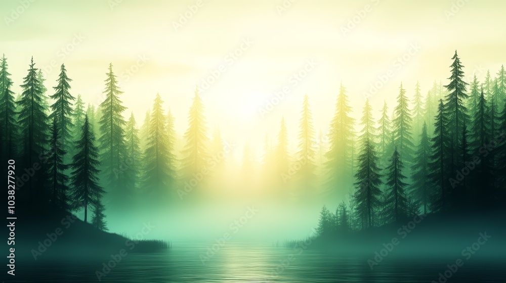 Serene forest scene with misty water and tall trees at dawn. Serene forest scene with misty water and tall trees at dawn.