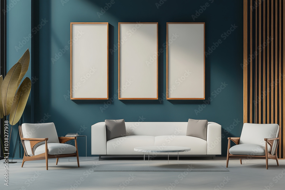 Modern living room with stylish white sofa, two armchairs, and coffee table, featuring blue wall and decorative frames. space exudes calm and inviting atmosphere Modern living room with stylish white sofa, two armchairs, and coffee table, featuring blue wall and decorative frames. space exudes calm and inviting atmosphere