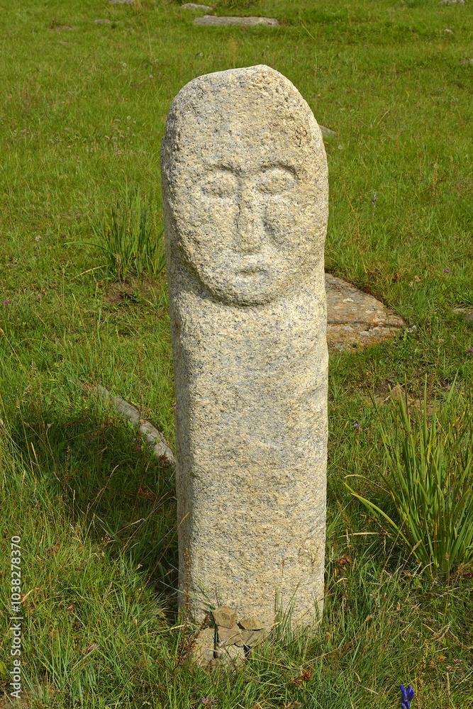 Stone statue, VI-VIII centuries, Turkic period - The grounds of the Manzushir Monastery located in the south of protected Bogd Khan Mountain, 8 km northeast of Zuunmod town, Mongolia