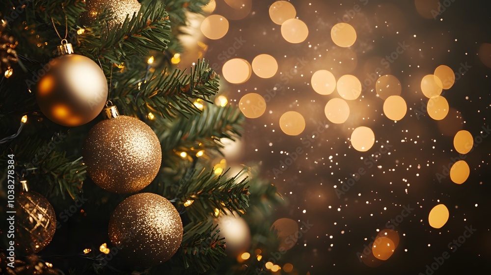 Close-up of a Christmas Tree Decorated with Gold Ornaments and Twinkling Lights Close-up of a Christmas Tree Decorated with Gold Ornaments and Twinkling Lights