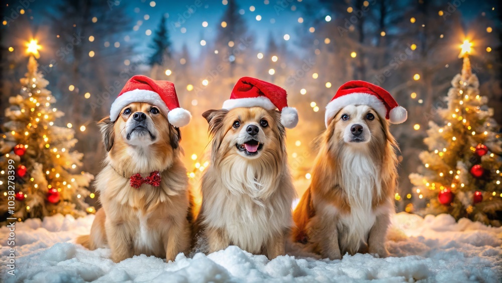 Three Furry Friends Wearing Santa Hats in a Festive Winter Wonderland, Cute Pets Celebrating Christmas, Adorable Animals, Holiday Spirit, Joyful Companions, Seasonal Cheer Three Furry Friends Wearing Santa Hats in a Festive Winter Wonderland, Cute Pets Celebrating Christmas, Adorable Animals, Holiday Spirit, Joyful Companions, Seasonal Cheer