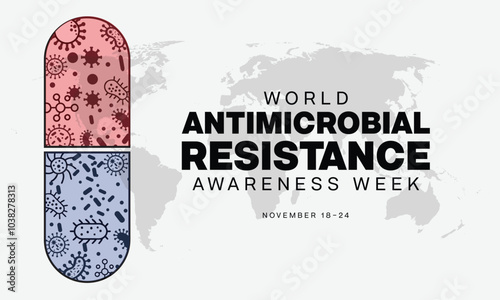 World Antimicrobial Resistance Awareness Week design. It features a pill masked with bacteria and virus. Vector illustration