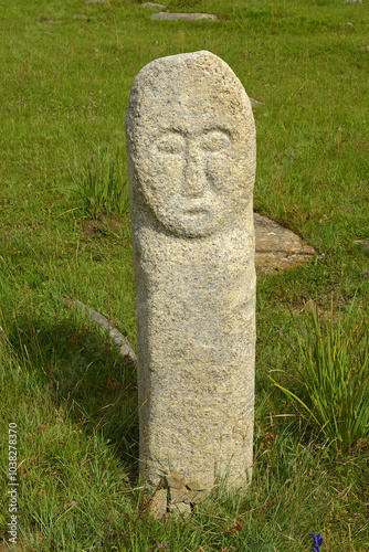 Obraz na płótnie Stone statue, VI-VIII centuries, Turkic period - The grounds of the Manzushir Monastery located in the south of protected Bogd Khan Mountain, 8 km northeast of Zuunmod town, Mongolia w salonie