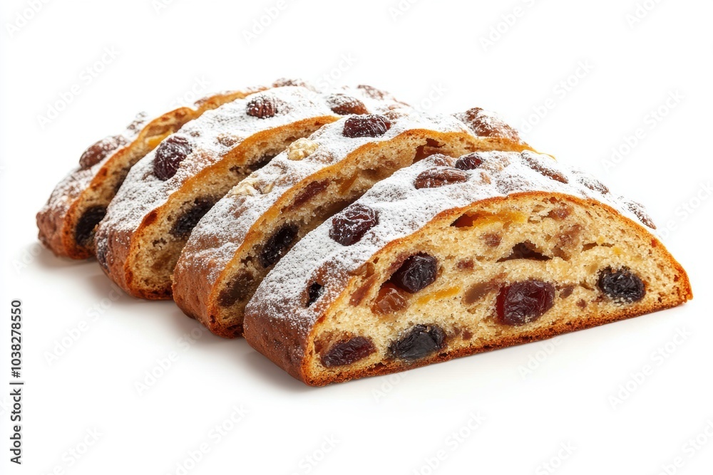 holiday dessert display, german stollen, dusted with powdered sugar, sliced to show candied fruit and nuts, set on a white background holiday dessert display, german stollen, dusted with powdered sugar, sliced to show candied fruit and nuts, set on a white background