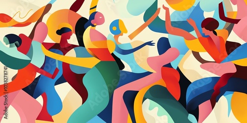 Abstract colorful illustration of people dancing and celebrating.