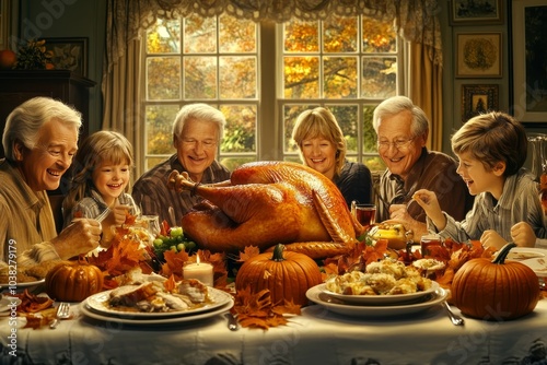 On Thanksgiving Day,A heartwarming family dinner scene with a delicious turkey as the centerpiece.  There are pumpkins adding a touch of autumn charm with a variety of delicious food.    photo