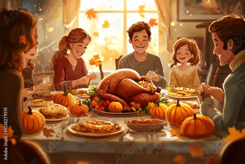 On Thanksgiving Day,A heartwarming family dinner scene with a delicious turkey as the centerpiece.  There are pumpkins adding a touch of autumn charm with a variety of delicious food.    photo