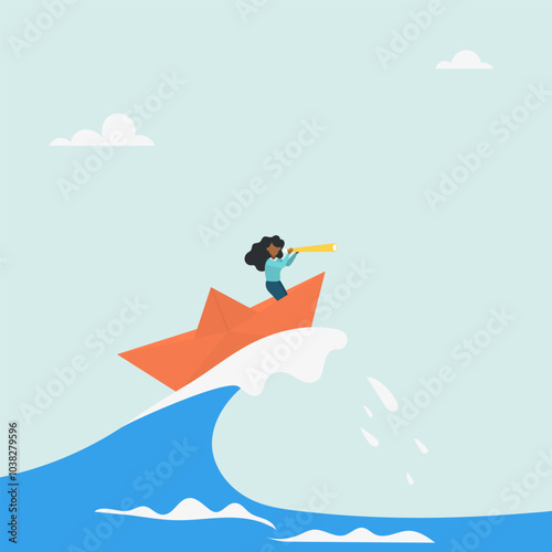 Character surfing the sea waves on a paper boat. Deal with crises with patience and foresight. Vector illustration.	