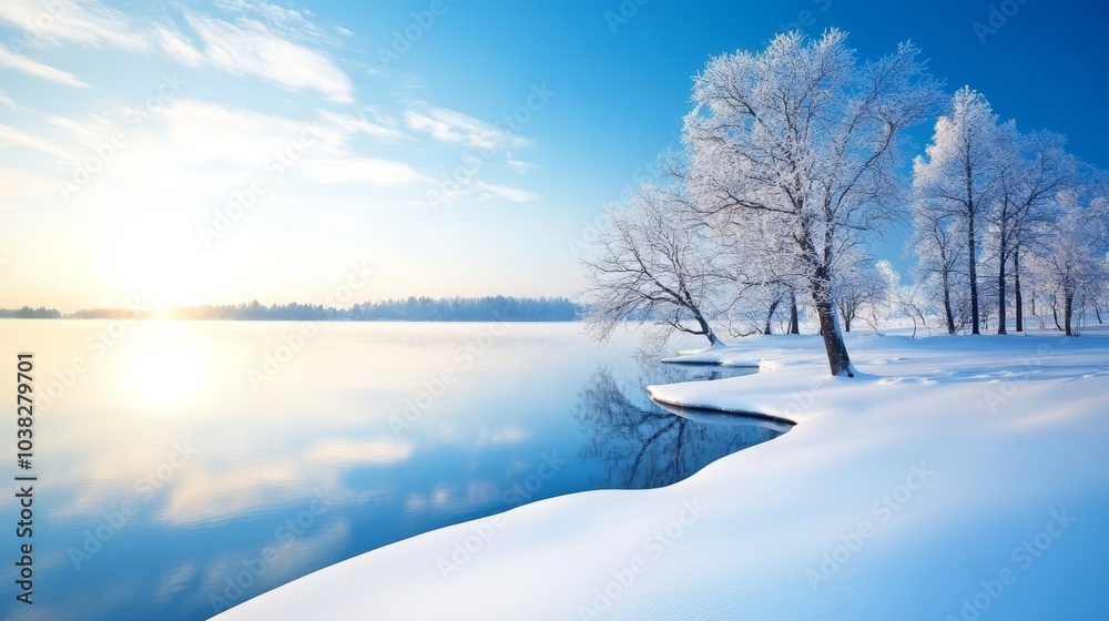 Serene winter landscape with snow-covered trees and calm reflective water. Serene winter landscape with snow-covered trees and calm reflective water.