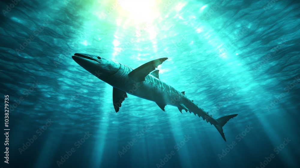 Fototapeta premium Shark swimming gracefully in clear blue water with sun rays streaming through.