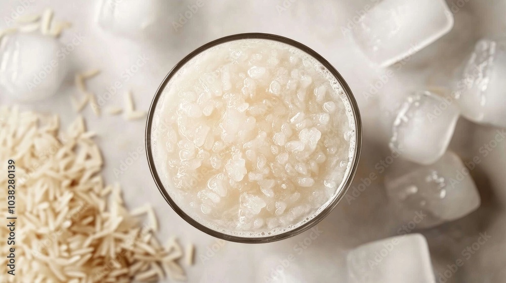 Glass of fermented rice water with ice cubes for weight loss Glass of fermented rice water with ice cubes for weight loss