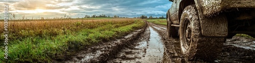 SUV drives through the swamp. selective focus