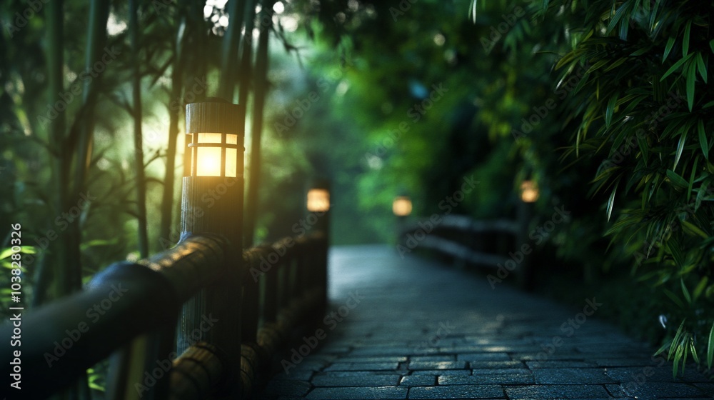 Obraz premium A stone path illuminated by lanterns leads through a bamboo forest.