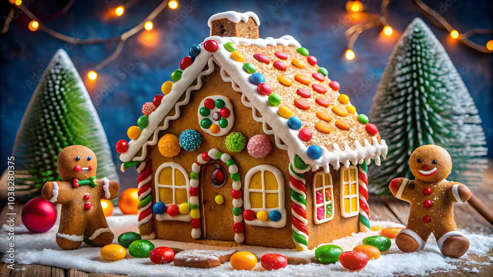 Decorated Gingerbread House with Frosting and Candy Accents. Perfect for: Christmas, winter holidays, festive competitions Decorated Gingerbread House with Frosting and Candy Accents. Perfect for: Christmas, winter holidays, festive competitions