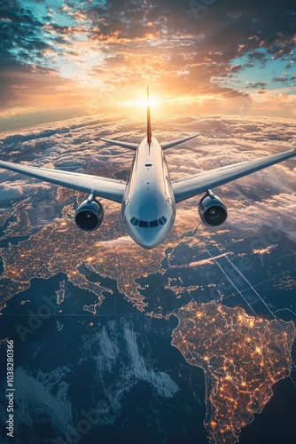 plane on the world map. selective focus