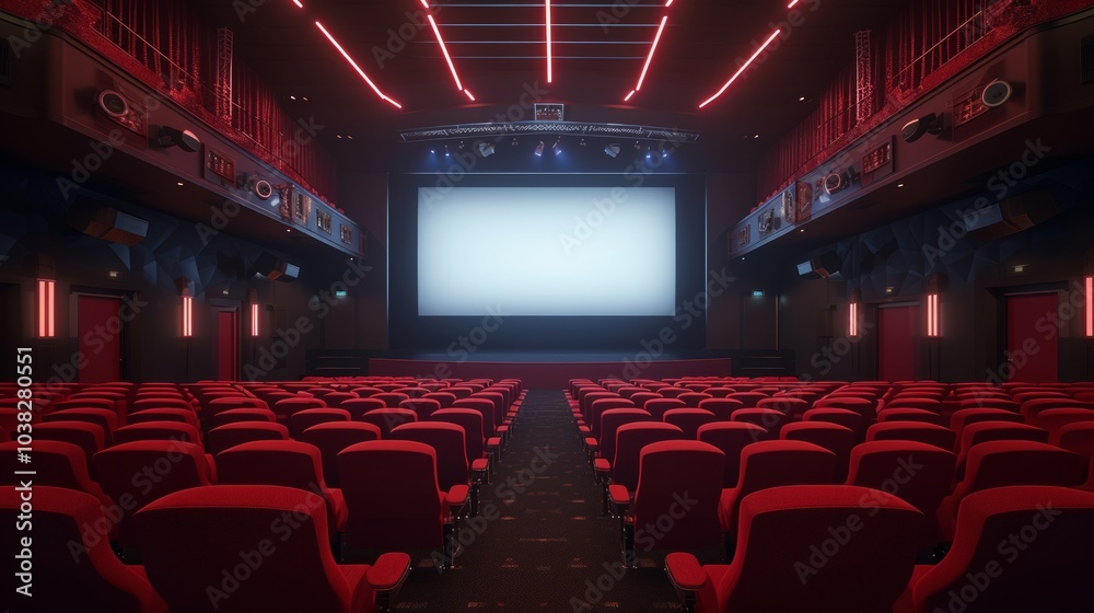 Empty cinema movie theater with blank screen and red seats.