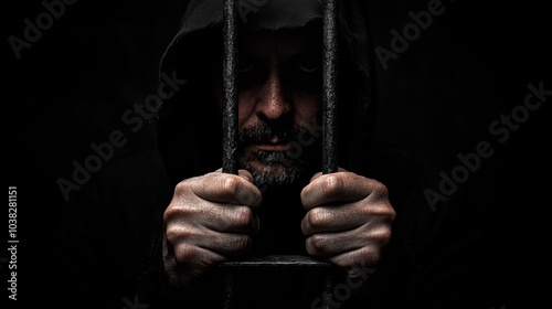 Hands of the prisoner on a steel lattice close up