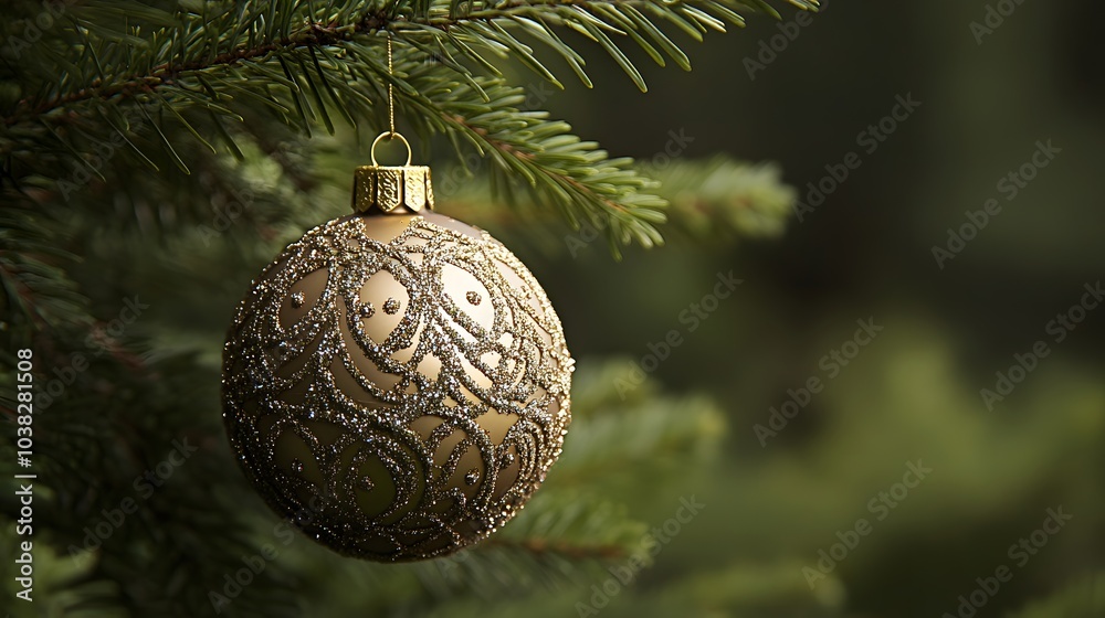 A Glittery Gold Christmas Ornament Hanging on a Pine Tree Branch A Glittery Gold Christmas Ornament Hanging on a Pine Tree Branch