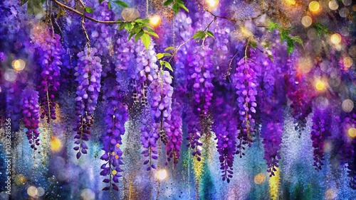 Abstract watercolor painting purple cosmos flower, cornflower, violet lavender, white and orange wildflower. Spring purple flowers Wisteria in blossom with bokeh background.