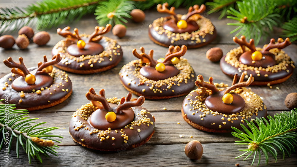 Antler-Shaped Chocolate Cookies with Caramel and Crushed Nuts. Perfect for: Christmas, winter holidays, holiday baking Antler-Shaped Chocolate Cookies with Caramel and Crushed Nuts. Perfect for: Christmas, winter holidays, holiday baking