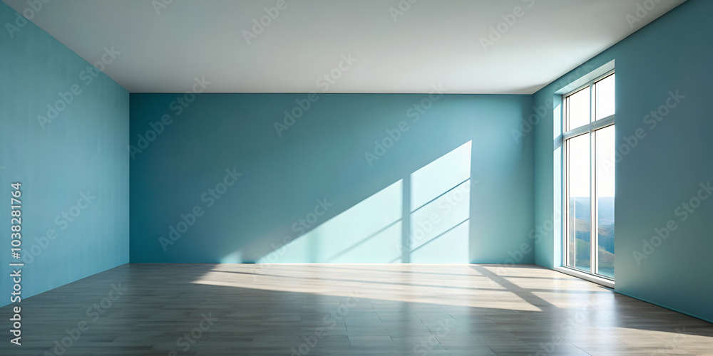 Fototapeta premium A spacious, modern room with blue walls, large windows, and sunlight casting shadows on the wooden floor, creating a serene atmosphere.