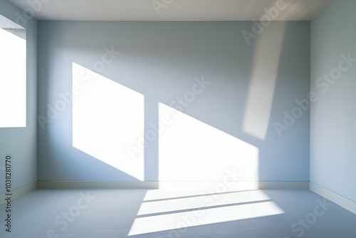 A minimalistic room with soft blue walls and light streaming in through the windows, creating gentle shadows on the floor.