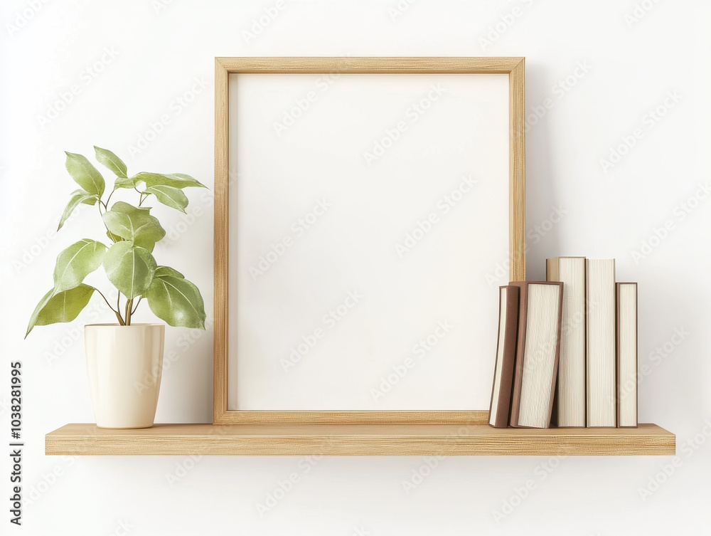 minimalist shelf displays wooden frame, potted plant, and neatly arranged books, creating serene and organized atmosphere minimalist shelf displays wooden frame, potted plant, and neatly arranged books, creating serene and organized atmosphere