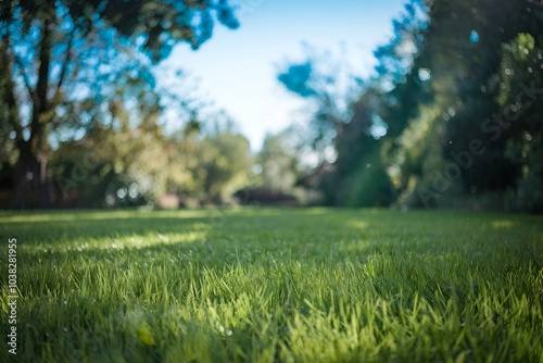 A serene lawn with lush green grass under a clear sky, bordered by trees, creating a peaceful outdoor atmosphere.