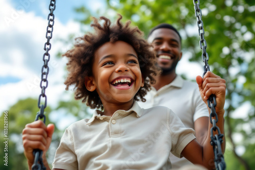 A joyful African American father stands behind his young son who is swinging on a swing in a lush green park.