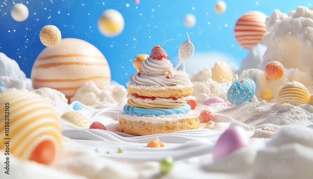 Whimsical dessert landscape with candy planets and a layered cake. Whimsical dessert landscape with candy planets and a layered cake.
