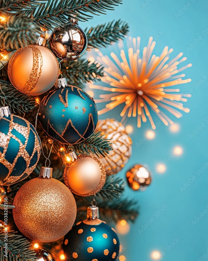 Christmas tree decorations with blue, gold ornaments and twinkling lights on a bright backdrop. Christmas tree decorations with blue, gold ornaments and twinkling lights on a bright backdrop.