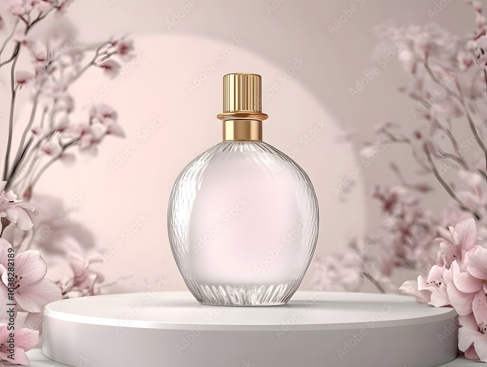 A delicate perfume bottle surrounded by soft floral elements, showcasing elegance and beauty. A delicate perfume bottle surrounded by soft floral elements, showcasing elegance and beauty.