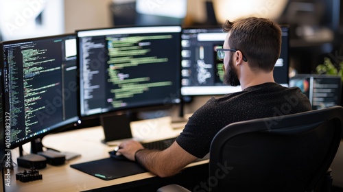 Focused Programmer: A dedicated programmer immersed in a world of code, working tirelessly on a complex project with three monitors displaying lines of code.
