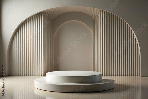 A minimalistic display stage featuring a circular platform and curved architectural elements in muted tones.