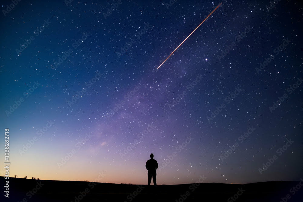A silhouette of a person gazes at a starlit sky, with a meteor streaking above, creating a serene and awe-inspiring cosmic scene.
