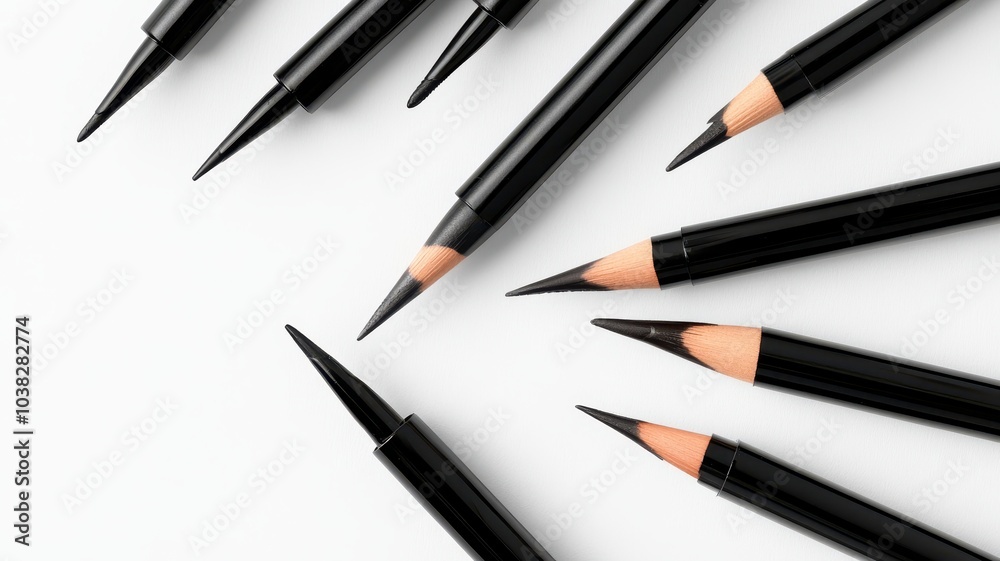 Eyeliner brush standing open with a thin black applicator for applying makeup on studio background,Eyeliner pens,pencils,Cosmetic product,banner concept,Makeup,Design element,copy space. Eyeliner brush standing open with a thin black applicator for applying makeup on studio background,Eyeliner pens,pencils,Cosmetic product,banner concept,Makeup,Design element,copy space.