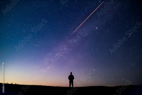 Obraz na płótnie A silhouette of a person gazes at a starlit sky, with a meteor streaking above, creating a serene and awe-inspiring cosmic scene. w salonie