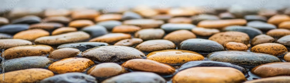 Fototapeta premium Smooth river stones in various colors, wet surface, natural background.