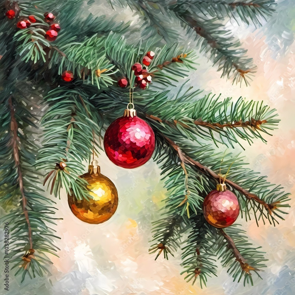 Sparkling ornament balls in vibrant red and gold hang from a lush spruce tree branch. Soft, warm lights twinkle enhancing festive spirit of Christmas. Happy New Year. Art drawing. Generative AI Sparkling ornament balls in vibrant red and gold hang from a lush spruce tree branch. Soft, warm lights twinkle enhancing festive spirit of Christmas. Happy New Year. Art drawing. Generative AI