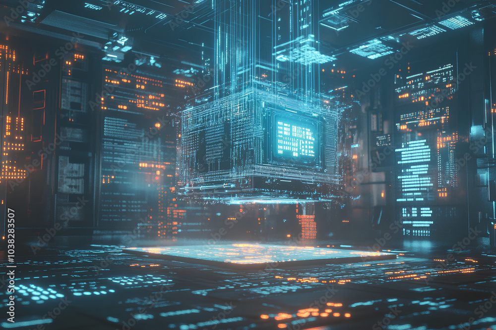 A CPU floating above a circuit board with a holographic interface projected around it. Filled with data stream. A CPU floating above a circuit board with a holographic interface projected around it. Filled with data stream.