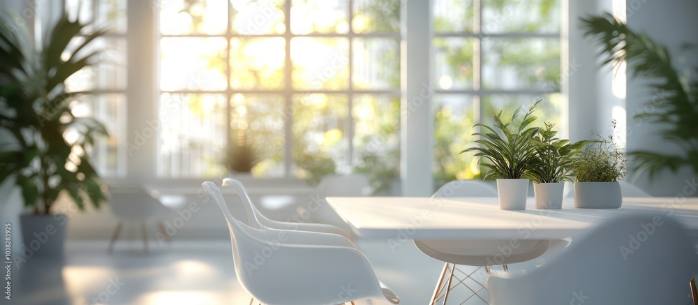 White chairs surrounding a table with plants in pots in a room with a large window and sun shining through. White chairs surrounding a table with plants in pots in a room with a large window and sun shining through.
