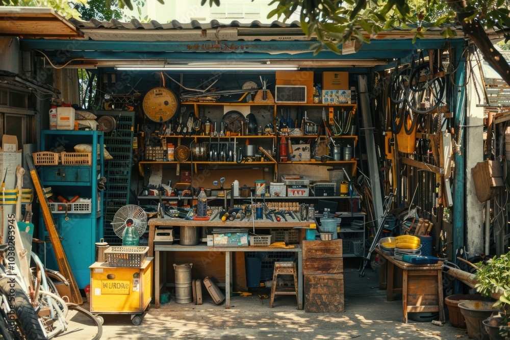 A perspective of a cluttered outdoor workspace, with various tools and materials neatly organized, showing the industrious nature of the community