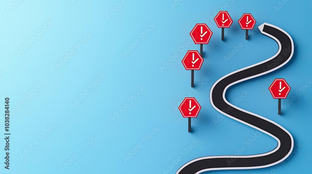 Winding road with warning signs on a blue background, symbolizing caution and safety in driving.