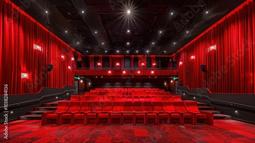 A large cinema with red velvet seats and curtains on the stage